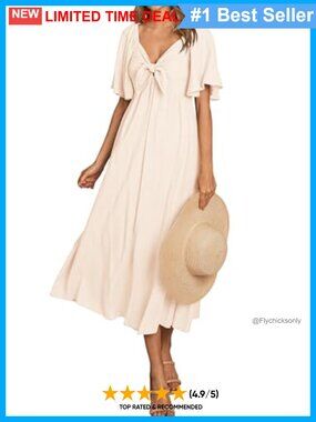Women's Bow Tie V Neck Midi Dress Short Sleeve A-Line Flowy Summer